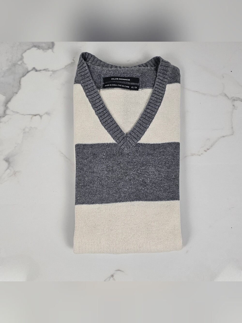 Club Monaco Men’s Sweater Vest XS Grey Cream Block Stripe Cotton Cashmere V-Neck